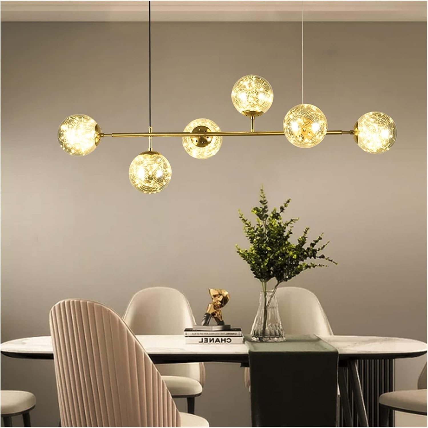 Lustre Dahlia 6 boules à guirlandes en doré pour salle à manger - Light Deco