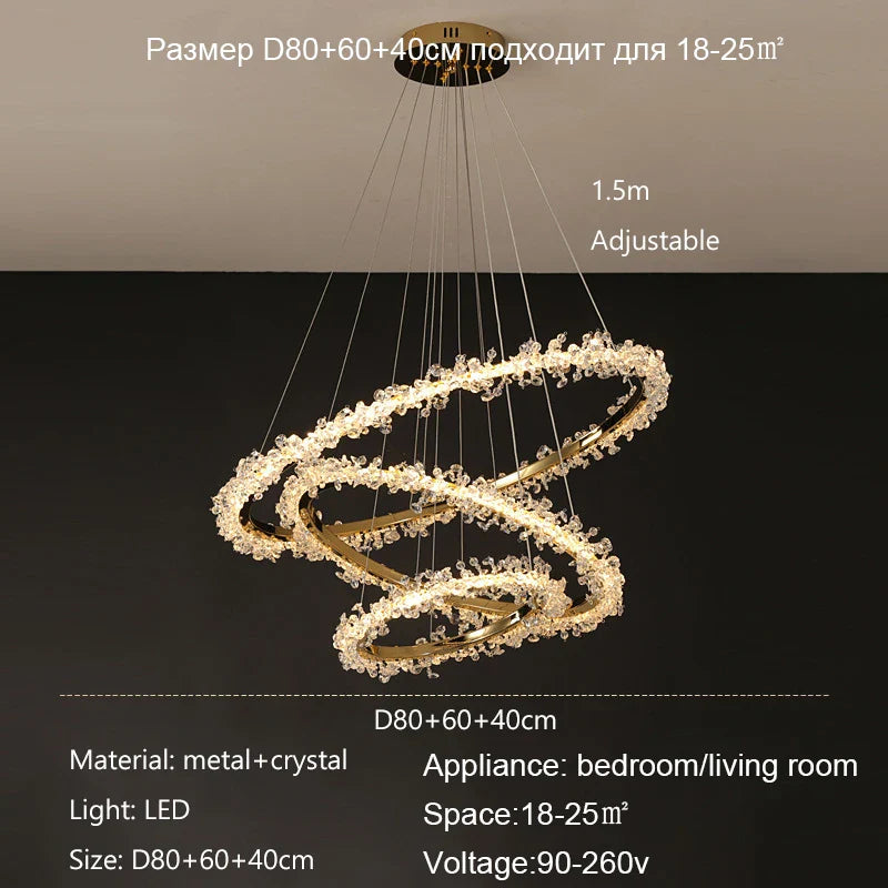 Lustre Luxia 3 cercles 80cm en doré à petit cristaux - Light Deco