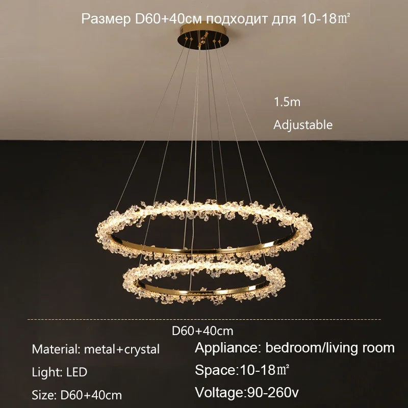 Lustre Luxia 2 cercles 60cm en doré à petit cristaux - Light Deco