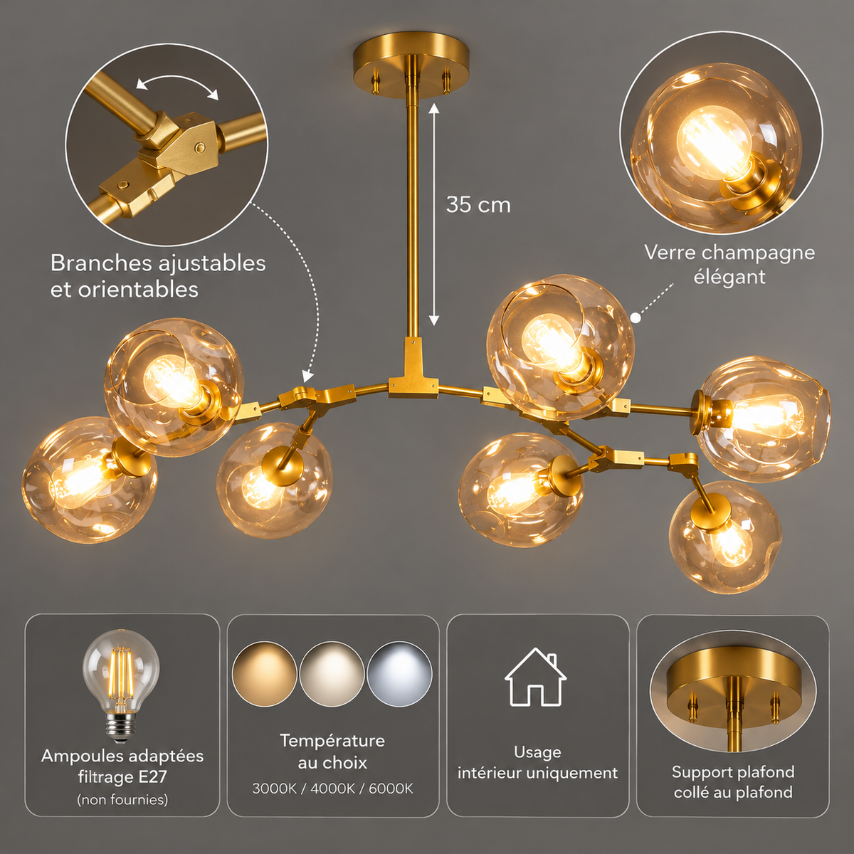 Lustre Sky ajustable à globes champagnes