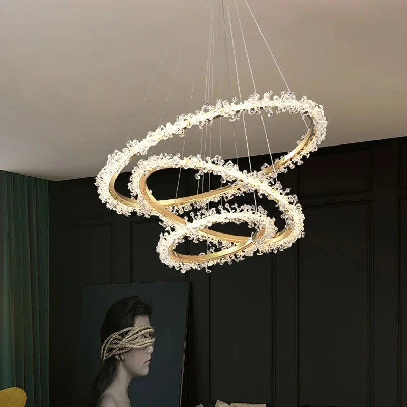 Lustre Luxia 3 cercles 80cm en doré à petit cristaux - Light Deco