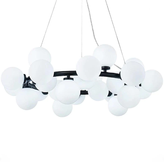 Lustre noir 25 boules blanches en verre circulaire - Light Deco